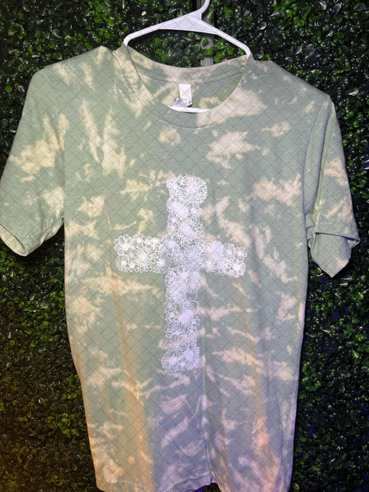 RTS Adult Small Bleach Dusty Blue T-Shirt Lace Cross