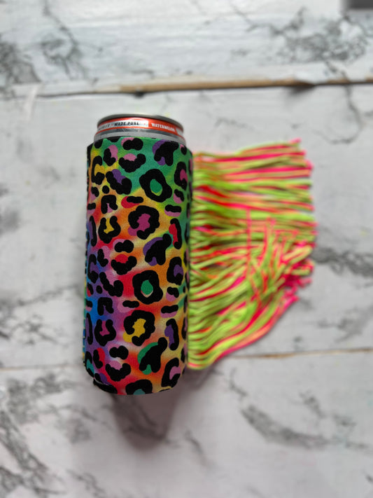 12oz Skinny Can Rainbow Leopard Fringe Koozie